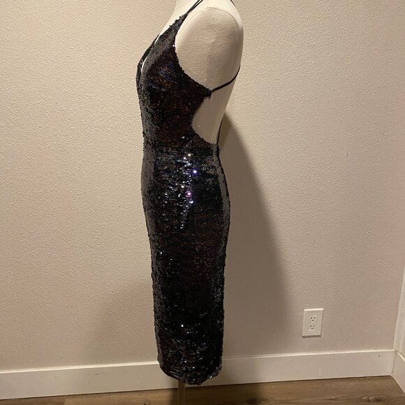 ASOS Black Sequin Midi Cocktail Dress | Deep V Strappy Back‎ | Size 6 - Picture 6 of 8